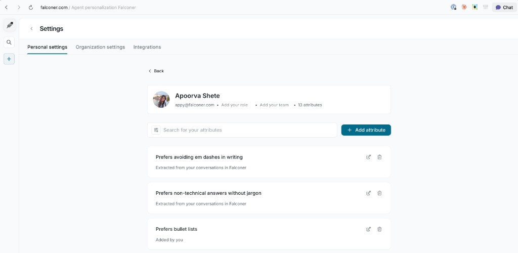Agent personalization under Settings, Personal settings, and Personalizations