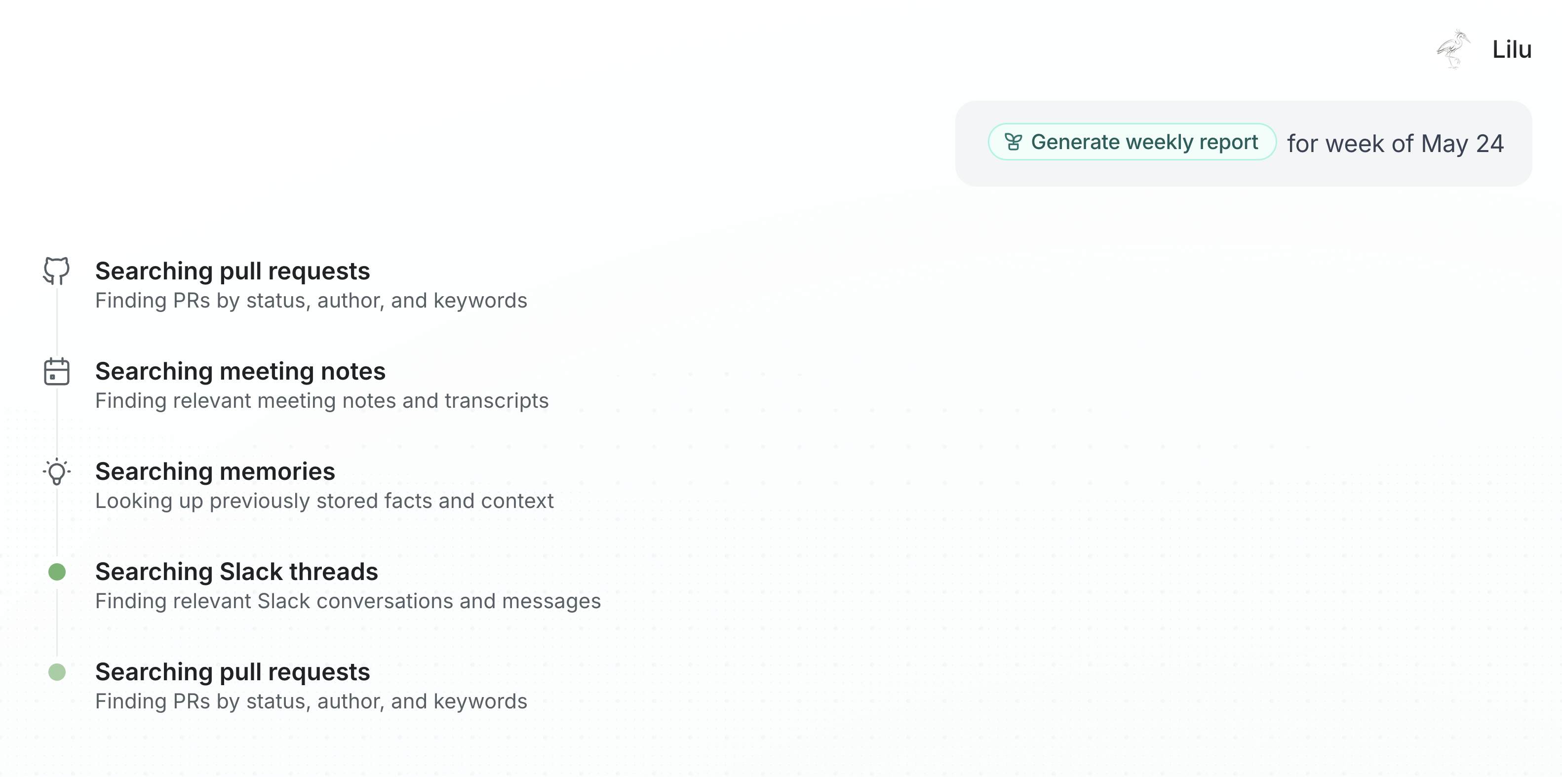 Chat message with Generate weekly report selected and Falcon searching sources