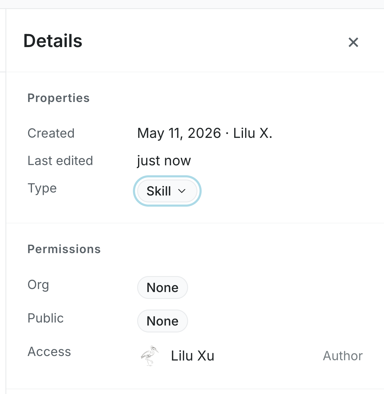 Details sidebar showing Type set to Skill