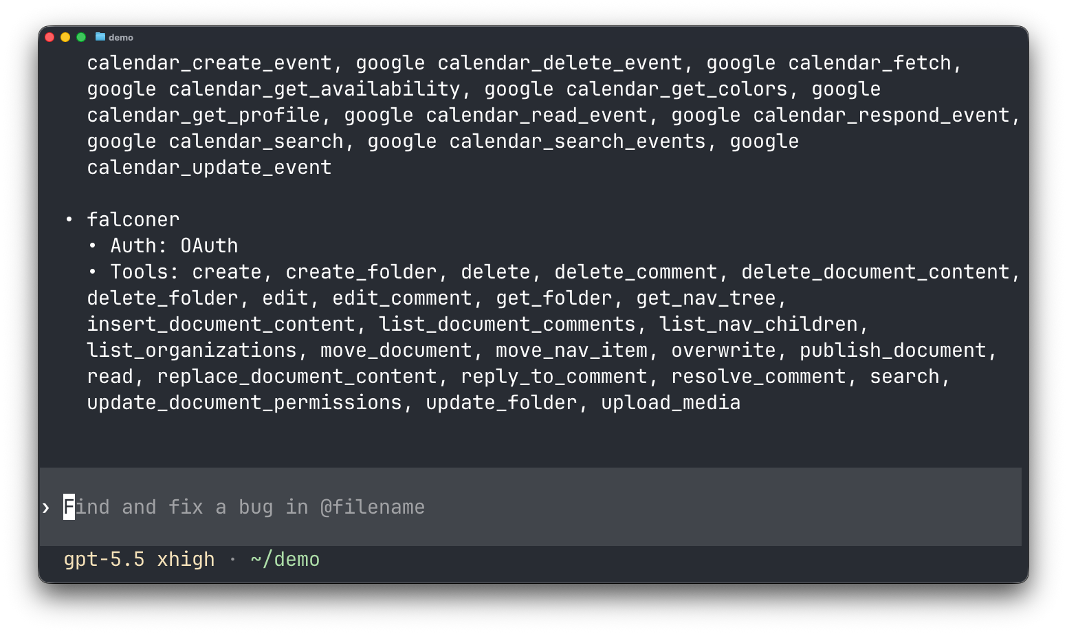 Codex CLI terminal showing Falconer listed in MCP servers