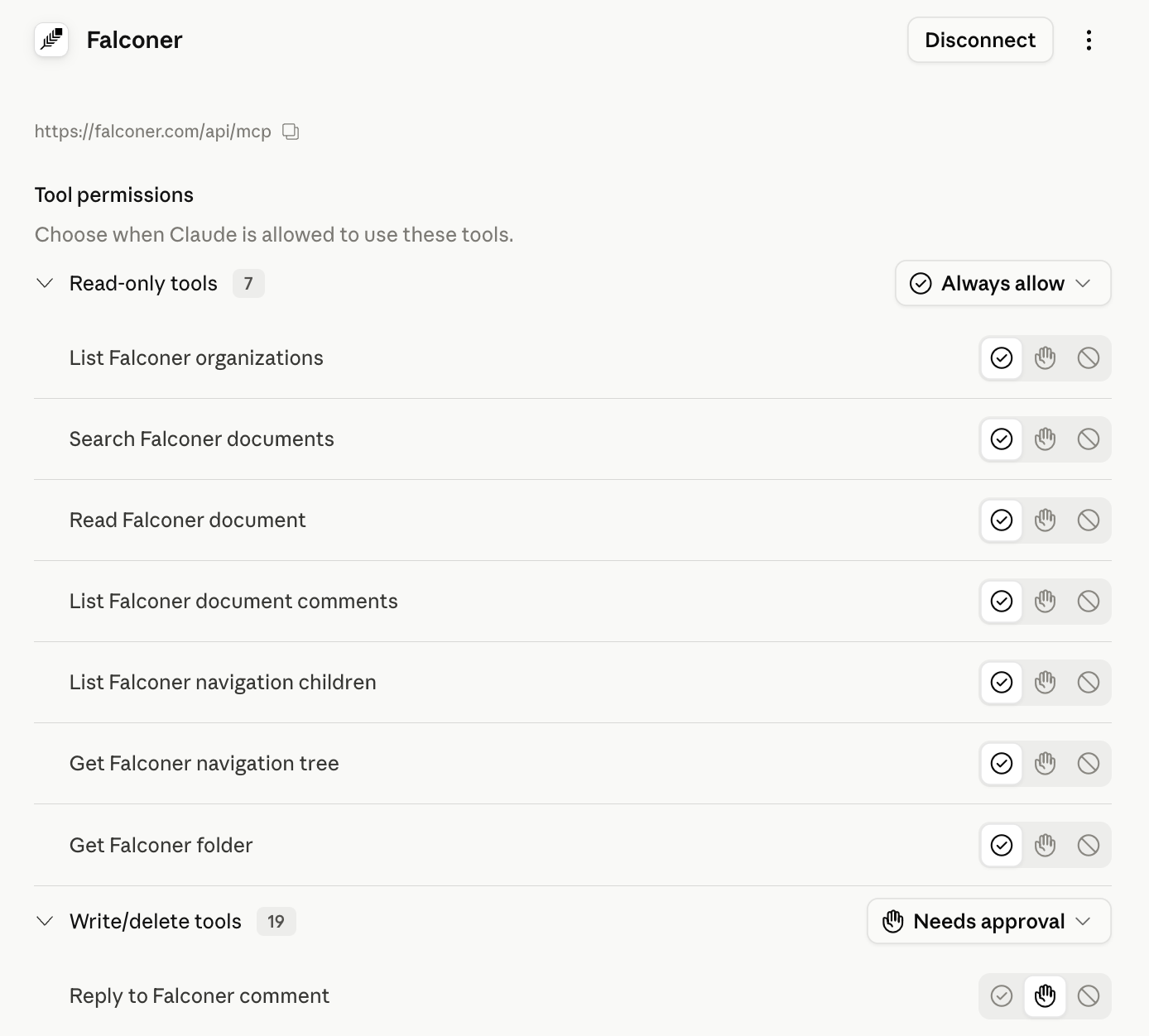 Claude.ai connector settings showing Falconer MCP tool permissions