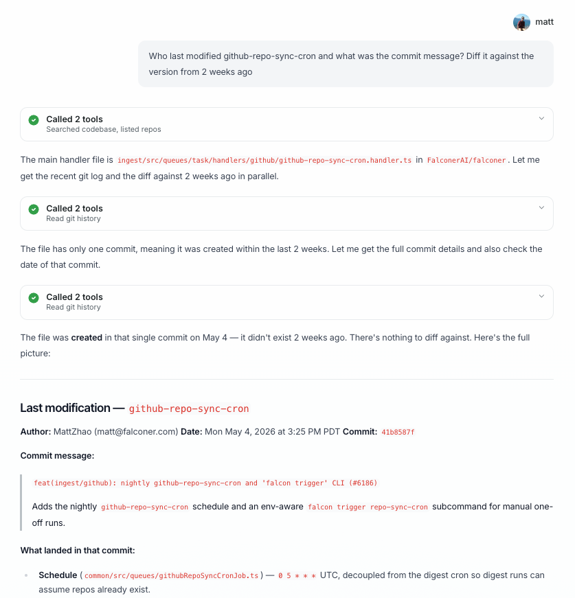 Falconer agent invoking git tools to reconstruct schema.prisma evolution